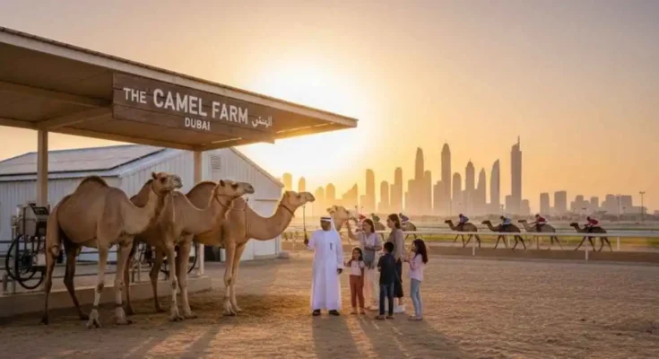 Camel farming in the UAE showing a modern camel farm in Dubai with healthy camels and milking facilities. camel farming in UAE. camel farm. camel farming.
